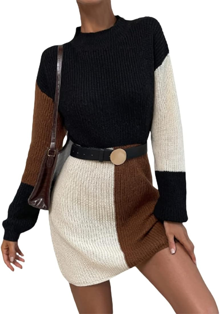 SheIn Women's Colorblock Long Sleeve Sweater Dress Mock Neck Drop Shoulder Mini Dresses | Amazon (US)