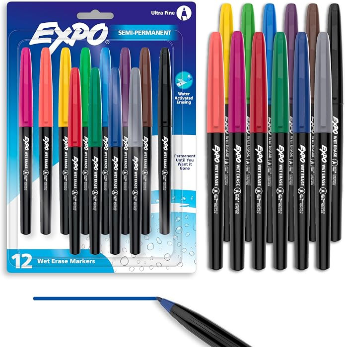 EXPO Wet Erase Markers, Semi-Permanent, Assorted Colors, Ultra Fine Tip, 12 Count - For Writing o... | Amazon (US)