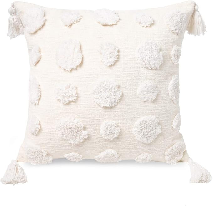 Boho Cream White Throw Pillow Cover 24x24 Inch with Tassels, Pom Pom Tufted Decorative Chenille F... | Amazon (US)