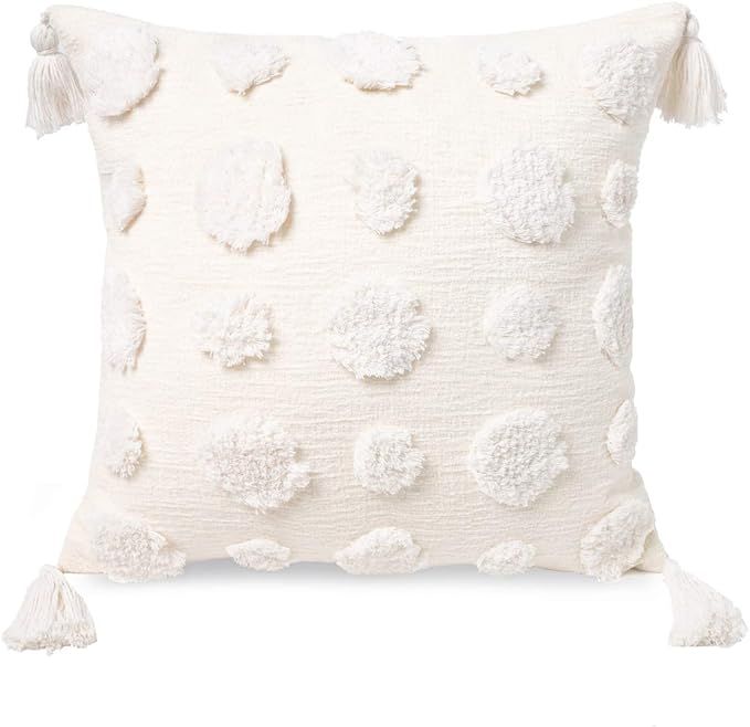 Boho Cream White Throw Pillow Cover 24x24 Inch with Tassels, Pom Pom Tufted Decorative Chenille F... | Amazon (US)