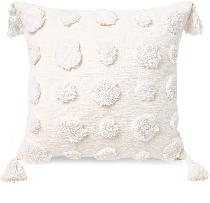 PLWORLD Boho White Throw Pillow Cover 18x18 Inch with Tassels, Pom Pom Tufted Decorative Cream Ch... | Amazon (US)