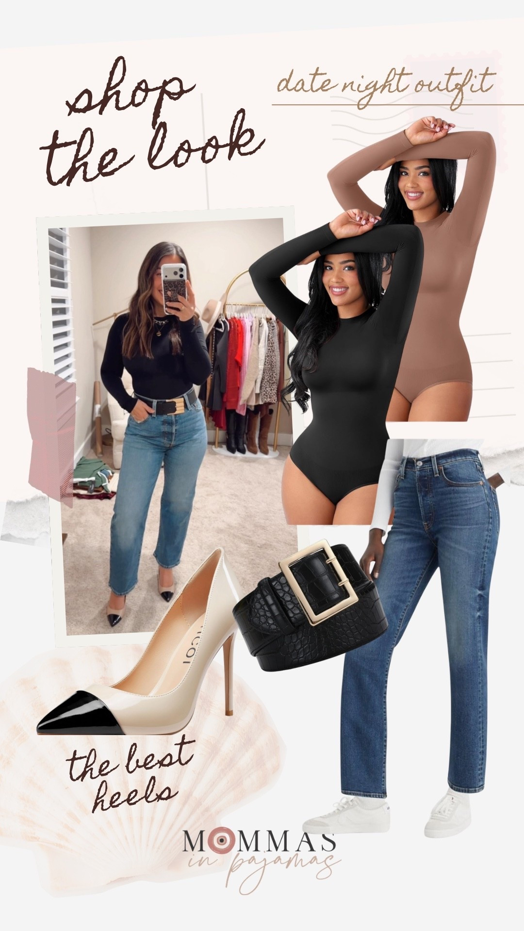 I am a jeans and T-shirt girl 90% of the time and when it’s time to put together a date night look I refuse to wear something uncomfortable. This outfit is so comfortable, flattering for date night. These Levi’s are petite girl friendly and make the booty look so good, the bodysuit hugs the curves and the gold accents on the belt paired with my go-to heels dress the look up so well. 
Parents night out outfit inspo, date night outfit inspo, elevated basics 

#LTKSeasonal #LTKMidsize #LTKPetite