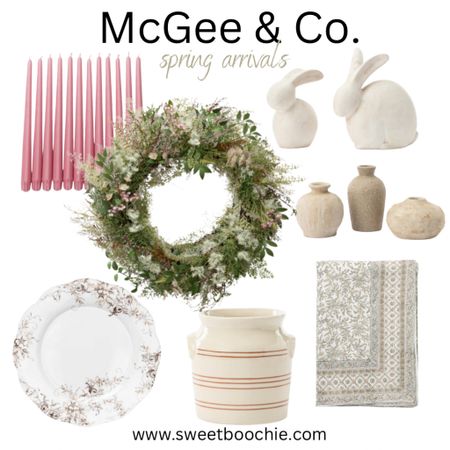 New spring arrivals at McGee & Co. floral  melamine plates great for outdoor entertaining, beautiful spring wreath, block print table cloth, rose candlesticks, resin bunnies for Easter decor, bud vases, striped crock

#LTKFind #LTKSeasonal #LTKhome