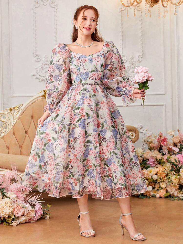 SHEIN Teen Girls' Chiffon Floral Sweetheart Collar Ruffle Long Sleeve Casual Dress | SHEIN