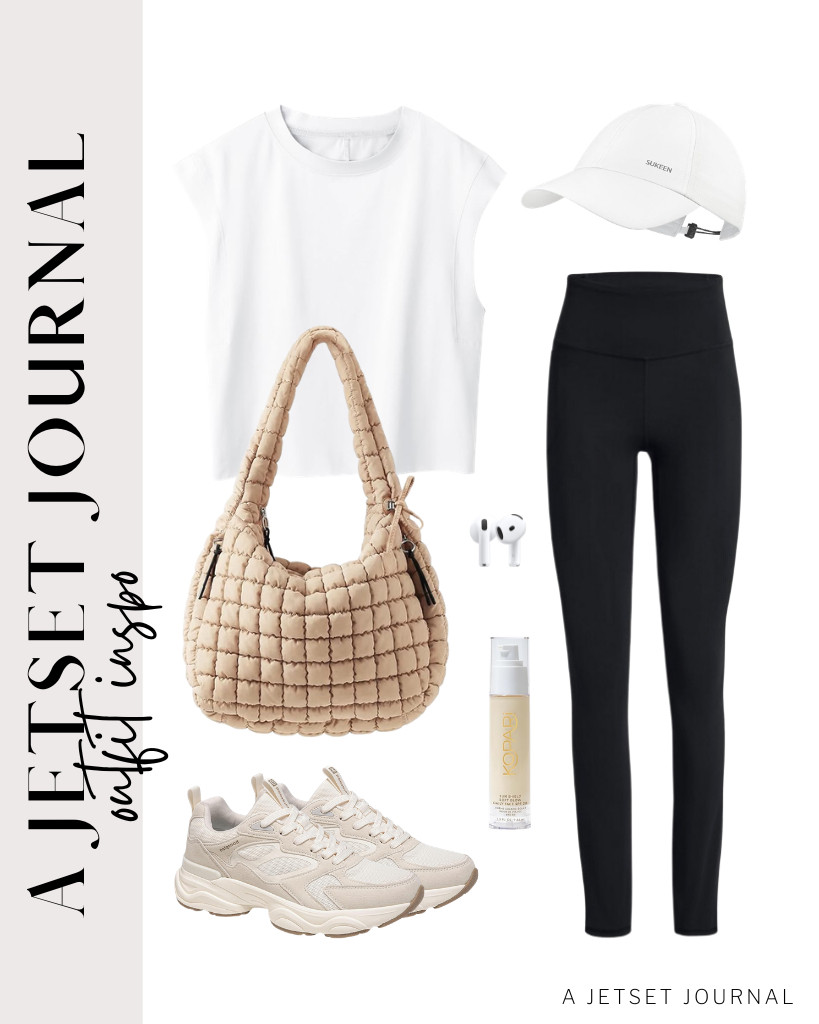 A white sleeveless athletic cropped top and SINOPHANT leggings set are perfect for these trendy sneakers. This relaxed outfit is perfect for a quilted puffer tote bag and a lightweight running hat. 

#LTKSeasonal #LTKSaleAlert #LTKTravel
 

 