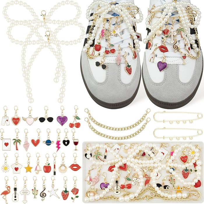 Deinduser 36 Pcs Shoe Charms Kit, Gold Flower Shoe Charms for Sneakers, Gold and Pearl Shoelace C... | Amazon (US)
