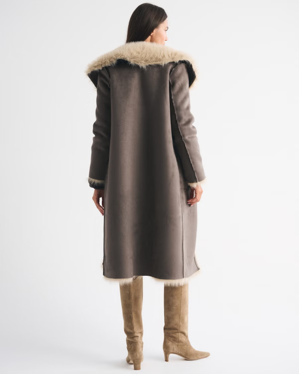 Women's Reversible Vegan Suede Shearling Long Coat | Women's | Abercrombie.com | Abercrombie & Fitch (US)