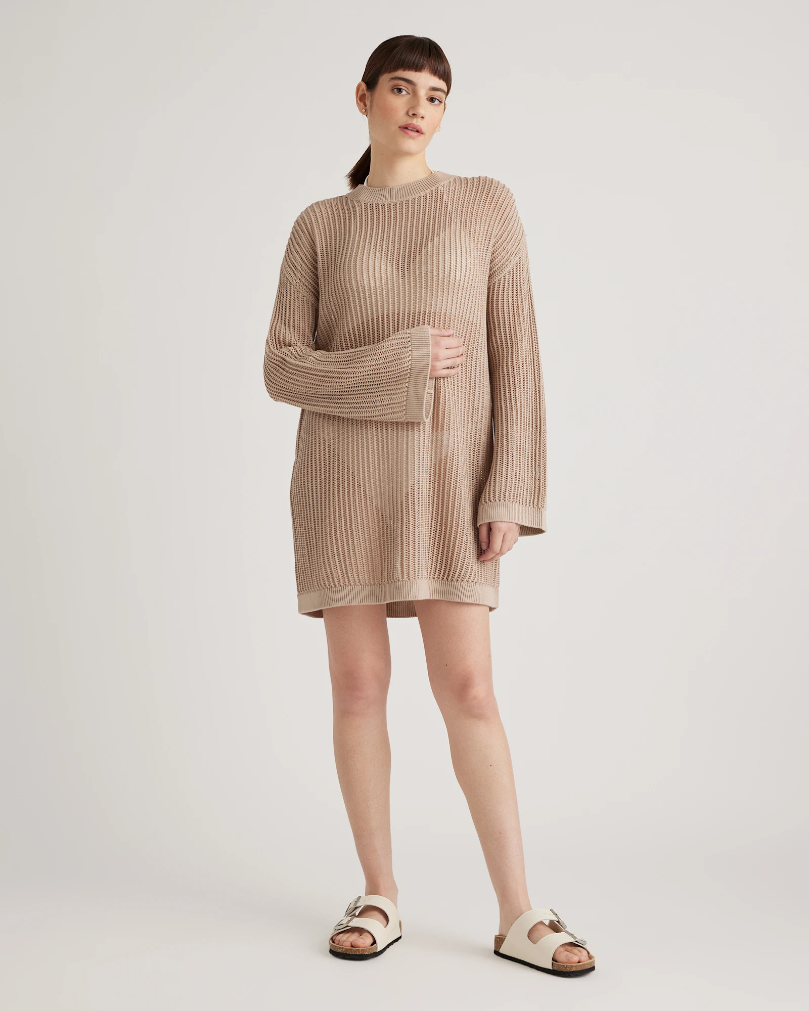 100% Organic Cotton Open-Knit Long Sleeve Cover-Up Mini Dress in Beige | Quince