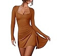 Lrady Womens Sexy Square Neck Bodice Long Sleeve Ruched Side Drawstring Ruched Flare Mini Party C... | Amazon (US)