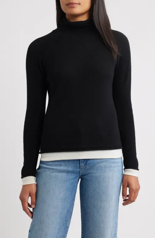 Griffen Layered Look Wool & Cashmere Turtleneck Sweater in Black/Ivory at Nordstrom, Size Large | Nordstrom