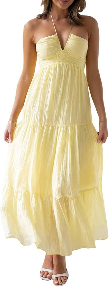 Juakoso Women Sexy Sleeveless Halter Neck Maxi Dress Backless Ruffle Hem Tiered Flowy Long Dress ... | Amazon (US)