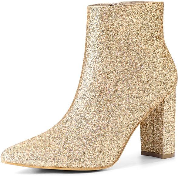 Allegra K Women's Glitter Pointed Toe Chunky Heel Ankle Boots | Amazon (US)
