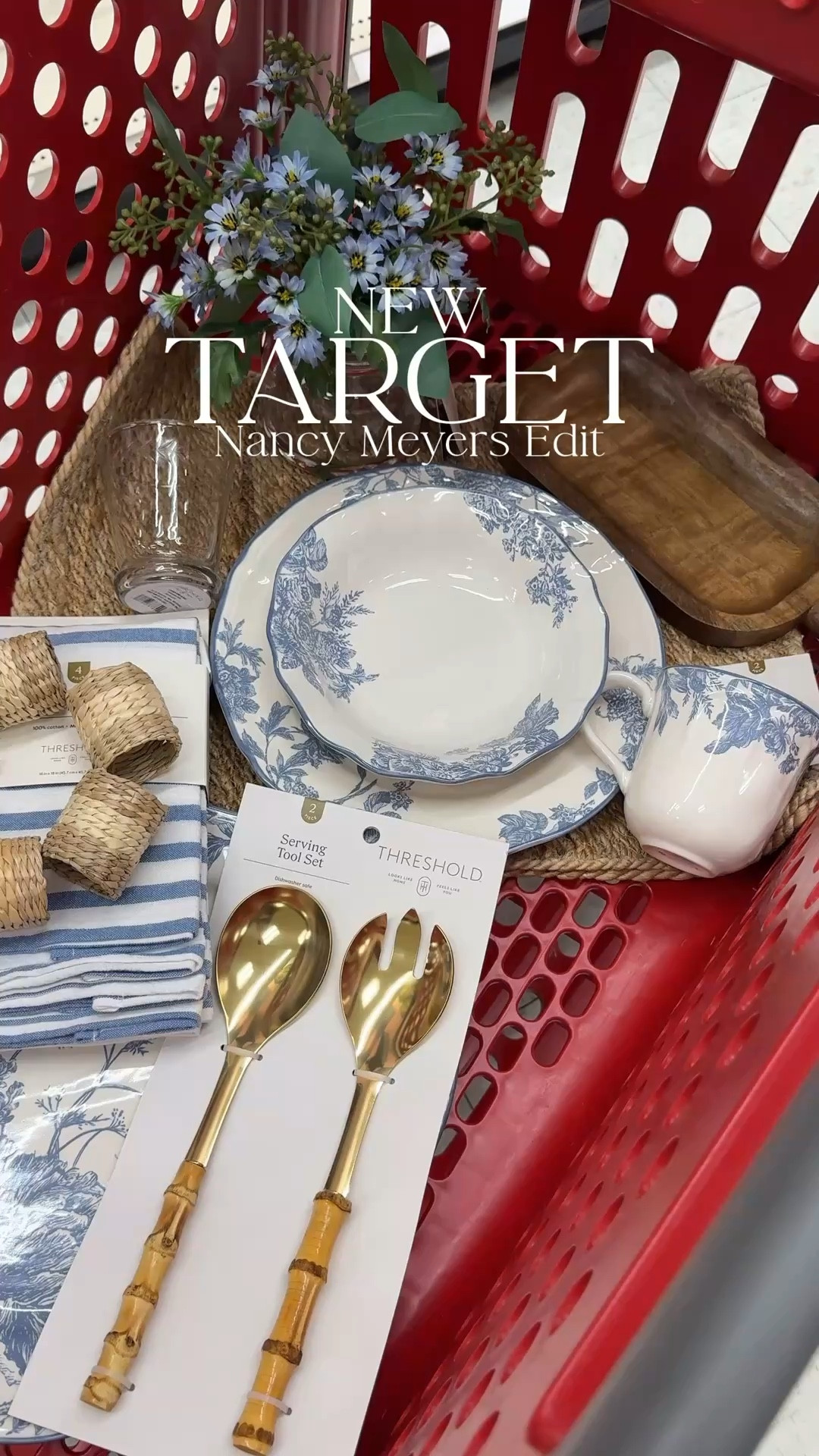 My favorite Nancy Myers approved Target collection ever!! The blue and white florals, woven pieces and pretty blue florals are 🤌🏻🩵

#shopwithme #target #kitchen 
#dining
