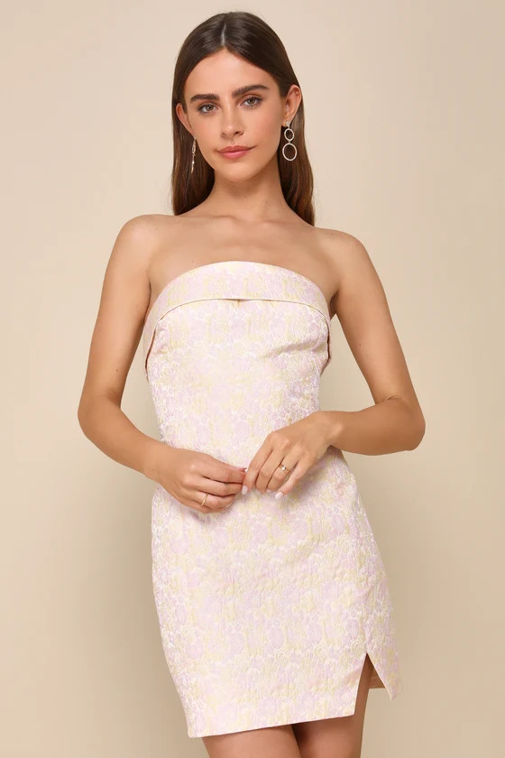 Delicate Destiny Yellow and Pink Jacquard Strapless Mini Dress | Lulus