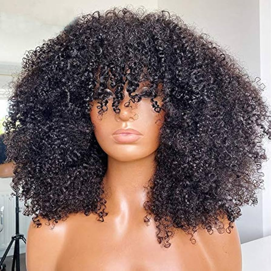 Afro Kinky Curly Wig With Bangs Full Machine Made Scalp Top Wig 200 Density Virgin Brazilian Shor... | Amazon (US)