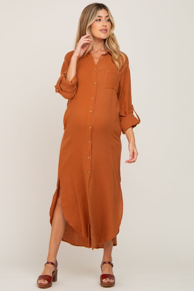 Camel Button Down 3/4 Sleeve Maternity Midi Dress | PinkBlush Maternity