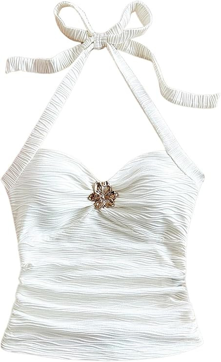 SOLY HUX Women's V Neck Halter Tops Open Back Y2k Ruched Floral Metal Summer Going Out Cami Tops | Amazon (US)