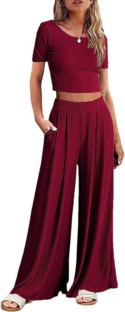 Ekouaer Women's 2 Piece Lounge Sets Ribbed Knit Crop Top Wide Leg Pants with Pockets S-XXL | Amazon (US)