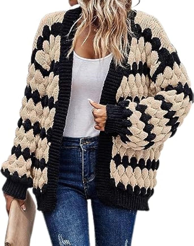 Fronage Striped Chunky Cardigan Sweaters for Women Fall Winter Lantern Sleeve Open Front Color Bl... | Amazon (US)