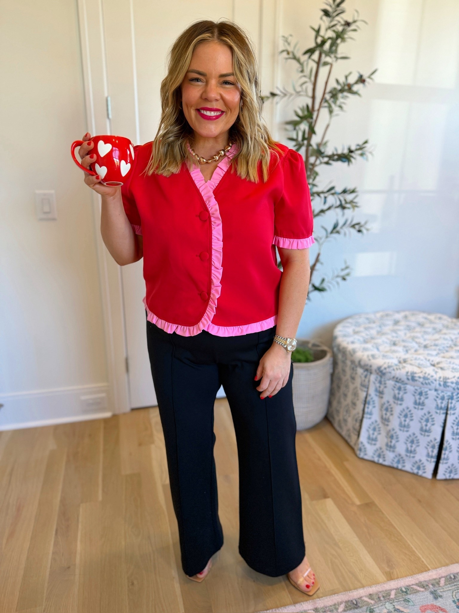 valentine’s day outfit, valentines day look, red pink blouse, chic wide leg pants, heart mug, valentines day workwear, ootd 

#LTKSeasonal #LTKootd