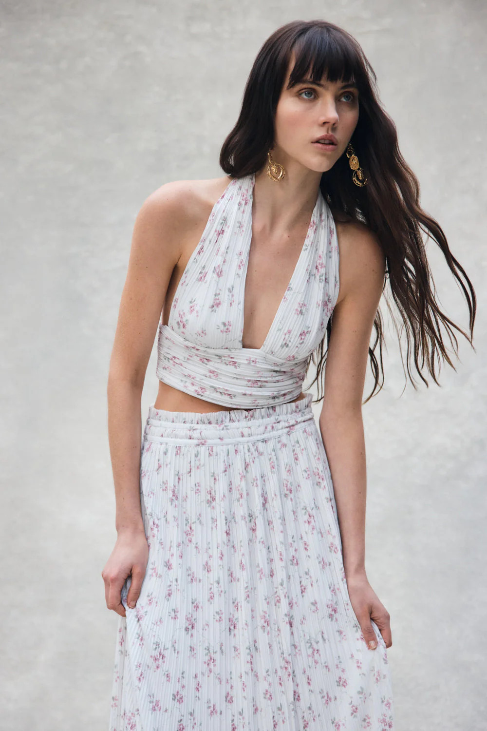 Sleeveless Plisse Halter Top - Floral Ditsy Print | MESHKI US