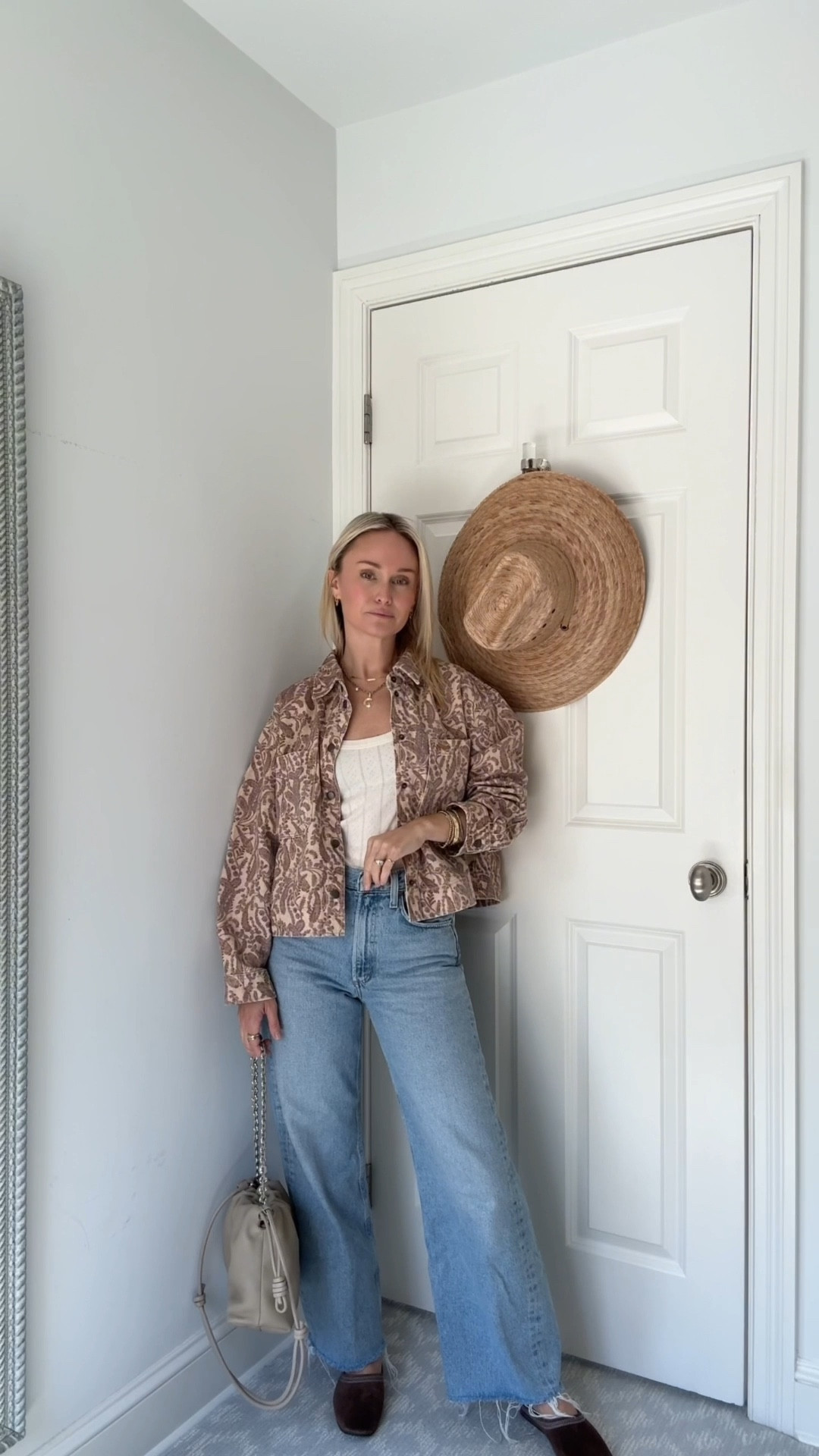 What I wore yesterday 🤎 Agolde Jeans, ba&sh jacket, marine layer pointelle tee, Veronica beard mules