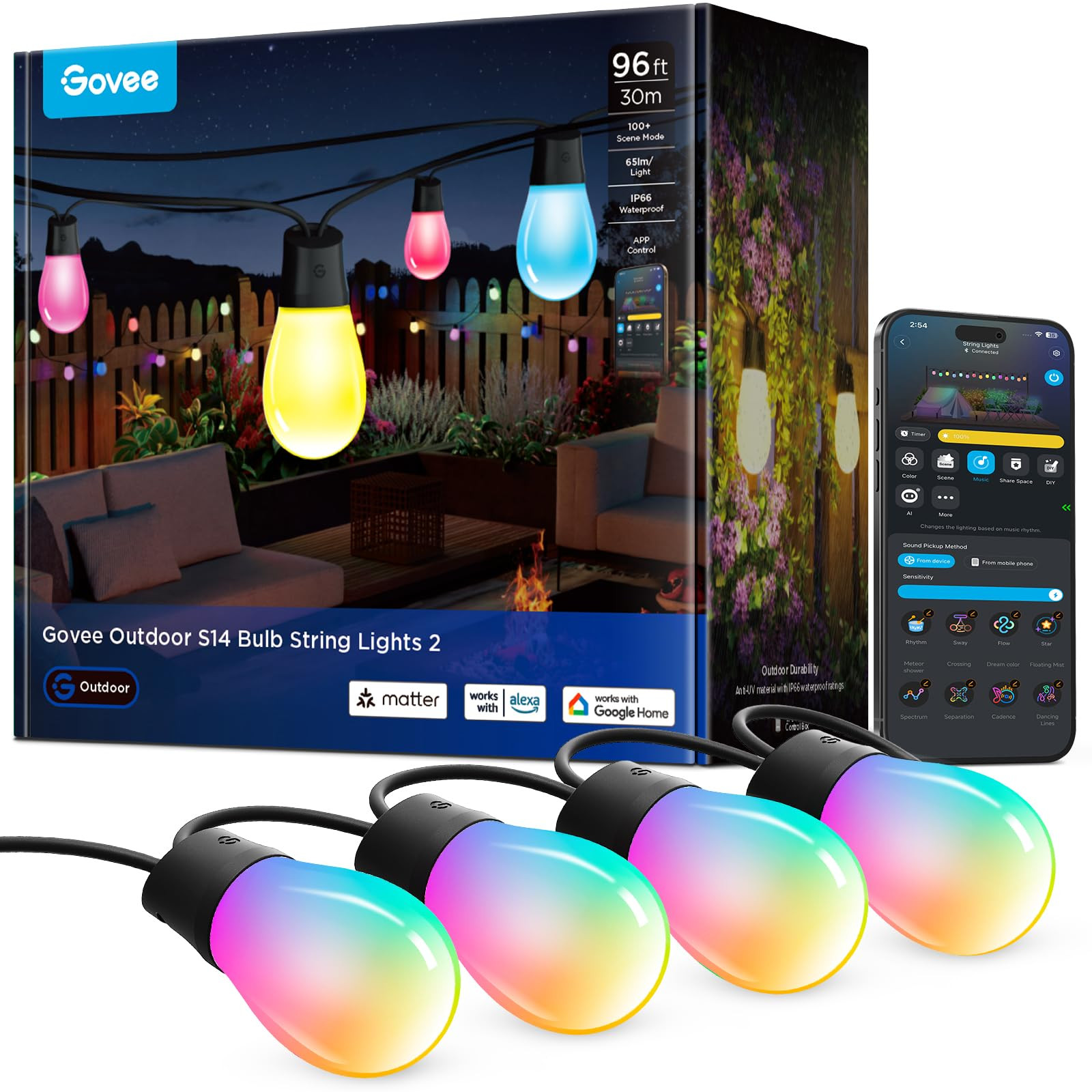 Govee Outdoor S14 Bulb String Lights 2, 96ft Smart RGBIC Warm White Patio Lights with 30 LED Bulb... | Amazon (US)