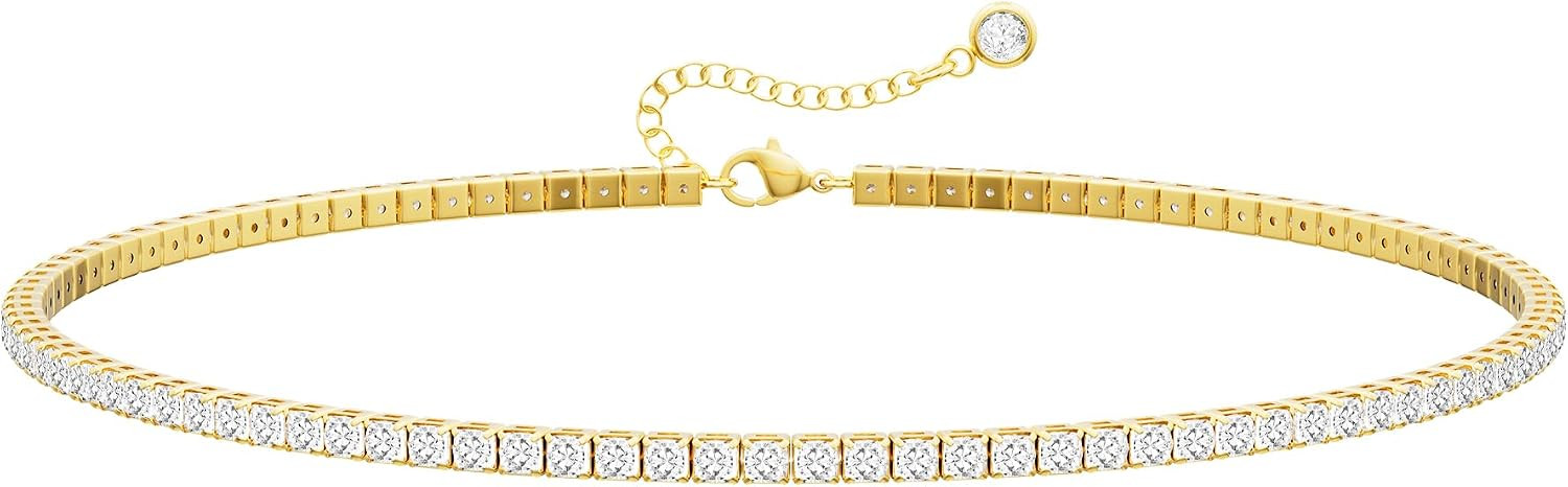 Robaice Tennis Necklace for Women, 14K Gold/Silver Plated Choker Necklace | Amazon (US)
