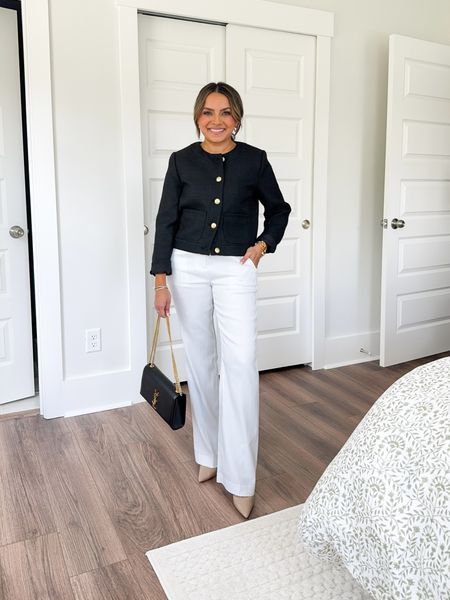 White trouser pants size 2 petite TTS 
Black tweed jacket size 0 petite TTS 
Nude heels size 5 TTS 

Workwear 
Office outfit 
Summer outfit 
Spring outfit 
Summer workwear 
Spring workwear 
Office outs 
Wear to work 

Honey Sweet Petite 
honeysweetpetite 