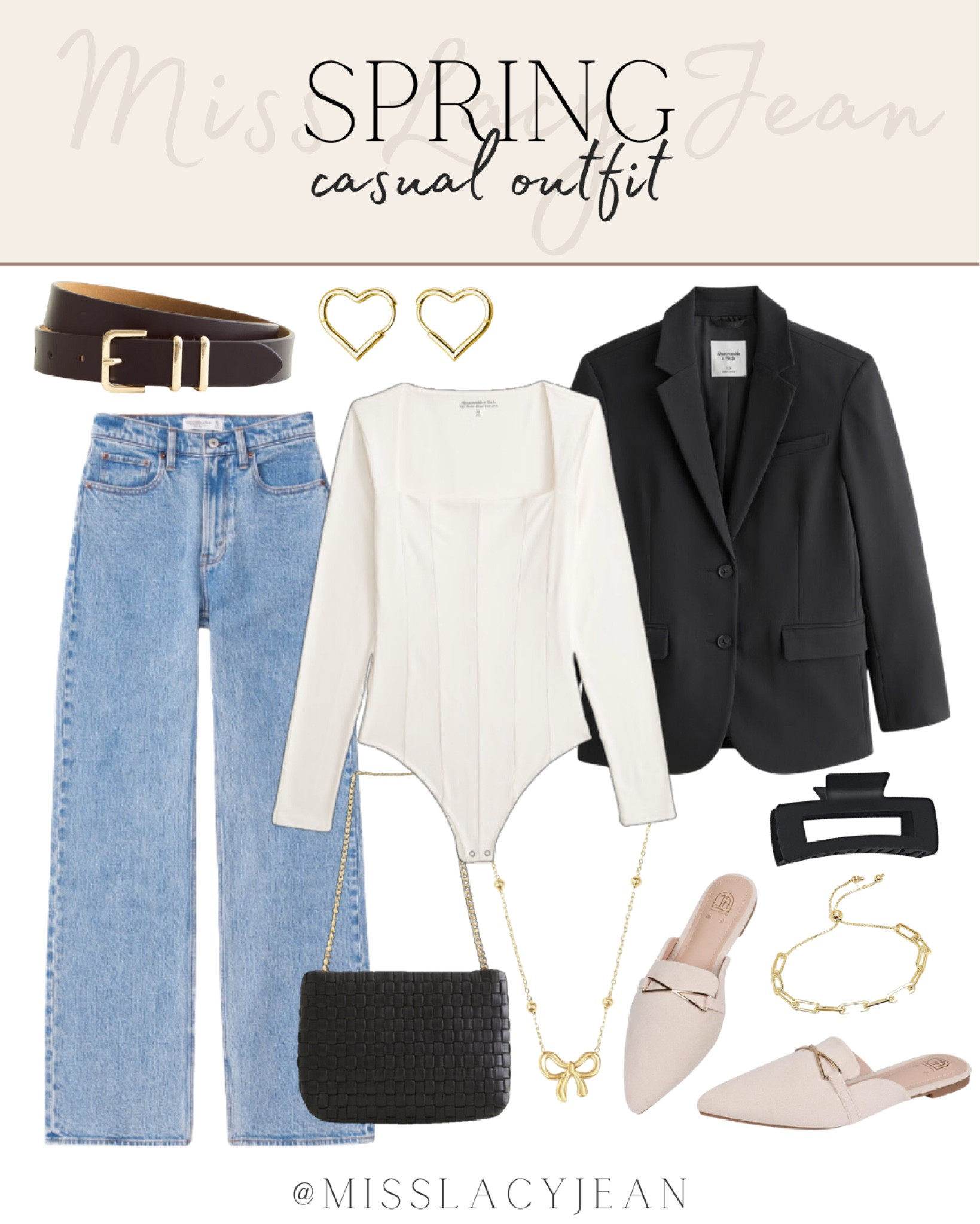 Spring casual outfit includes blazer jacket, bodysuit, jeans, black handbag, belt, hair clip, mules, gold necklace, gold bracelet, heart earrings.

Outfit, casual outfit, spring outfit, dressy casual outfit

#LTKshoecrush #LTKstyletip #LTKfindsunder100