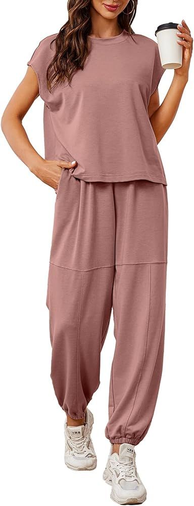 Glamaker Women's 2 Piece Outfits Fashion Sleeveless Crewneck Sweatsuits Loose Fit Top High Waist ... | Amazon (US)
