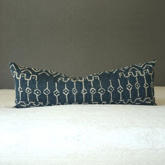 Denim Blue Mudcloth Long Lumbar Pillow Cover 14x36 | Etsy | Etsy (US)