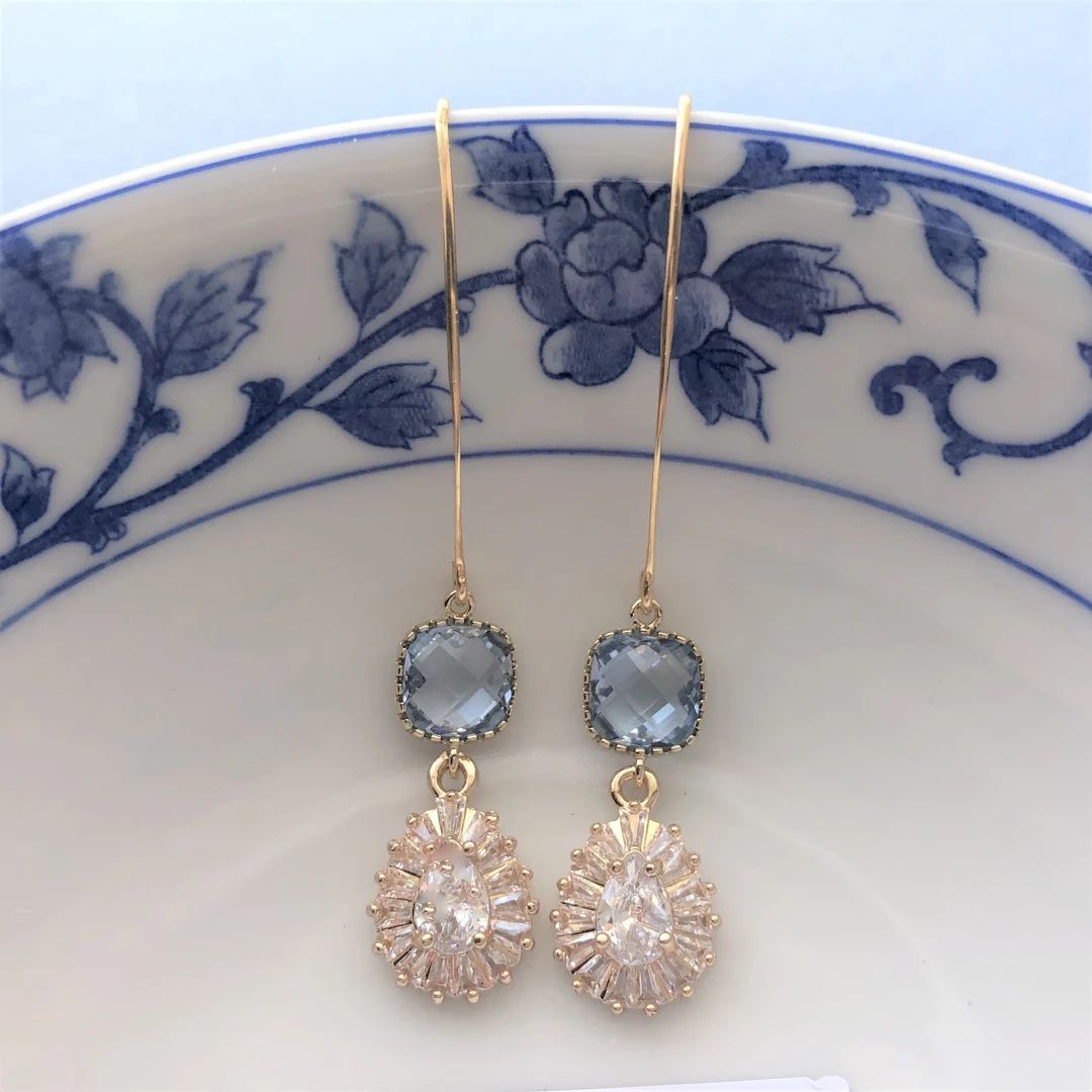 Gold Blue Bridesmaids Earrings, Long Light Blue Wedding Jewelry, Sparkling Light Blue Bridesmaids... | Etsy (US)