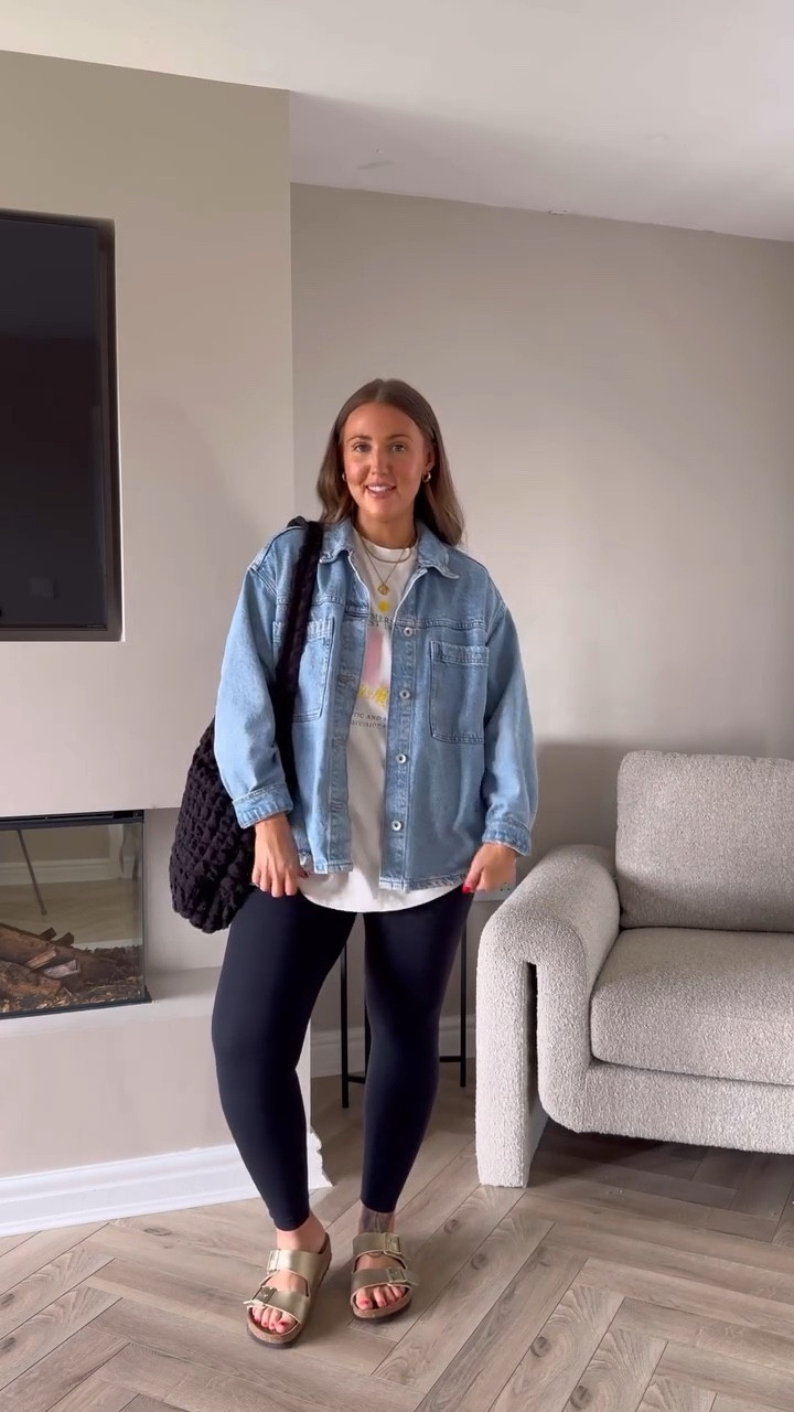 Daily mom uniform activated 💘 now I’m NOT usually an oversized T-shirt kinda gal but I think this looks cute with the jacket. What do we think??? Yes no?

T-shirt - size small (very oversized) 
Jacket - size large 
Leggings - size 10 (size down 1, I’m usually a 12/14) 

#LTKcurves #LTKmidsize #LTKstyletip