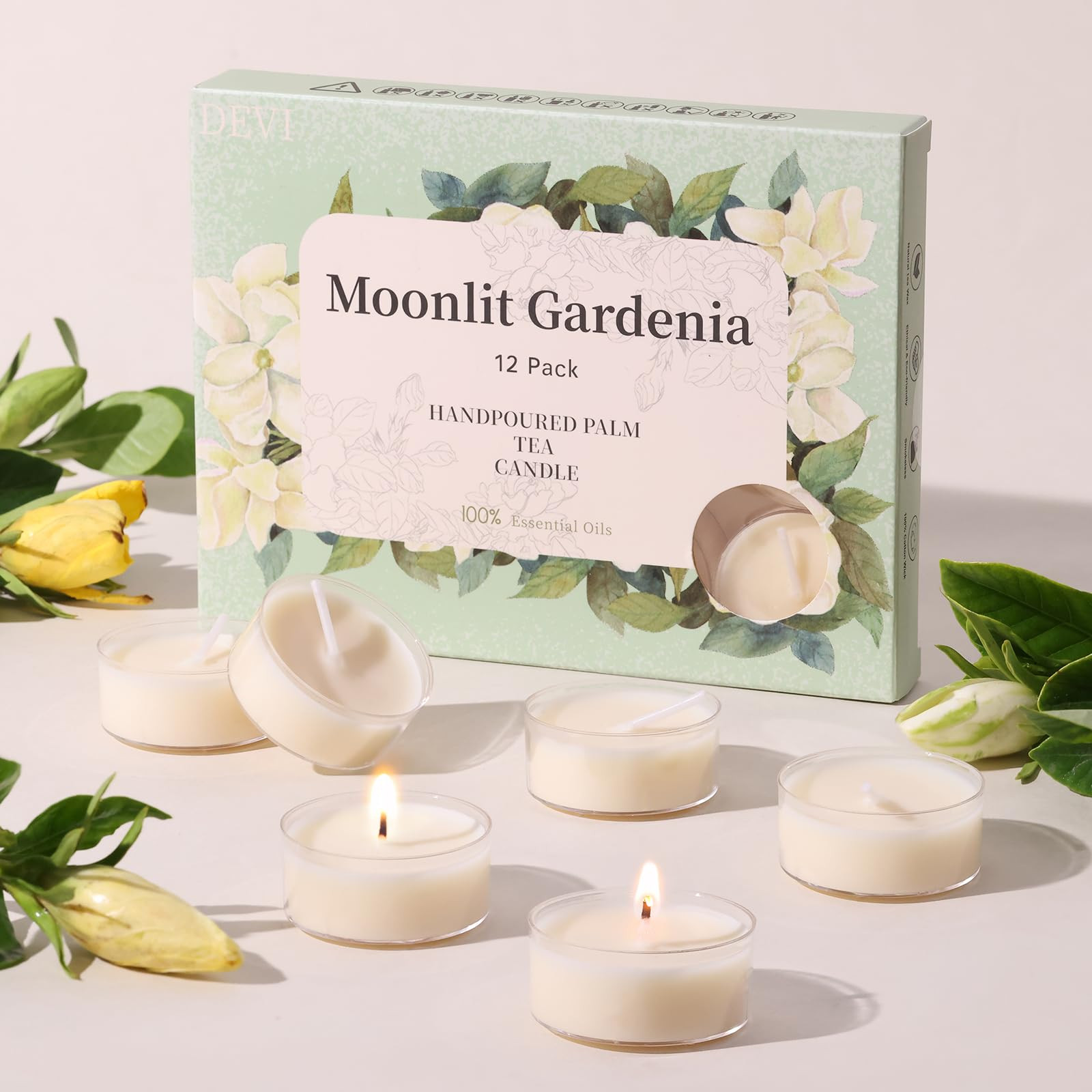 DEVI Moonlit Gardenia Scented Tea Lights Candles 12 Pack, 3.5-4 Hours Natural Palm Tea Candles Bu... | Amazon (US)