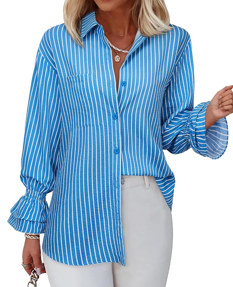 Women's Striped Button Down Shirt Smocked Cuffed Boyfriend Blouse Ruffle Sleeve Casual Tunic Tops... | Amazon (US)