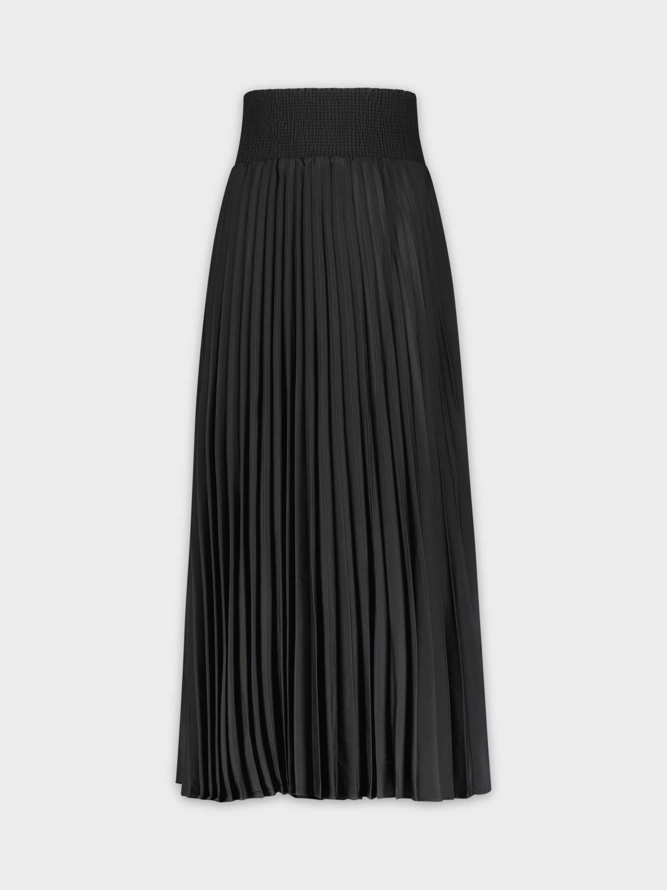 SHIRRED WAIST PLEATED SKIRT (LONG)-BLACK | Fame On central