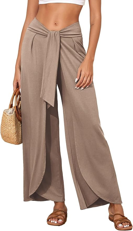 Herseas Womens Beach Pants Split Wide Leg Beach Cover Up Pants Palazzo Flowy Casual Lounge Pants | Amazon (US)