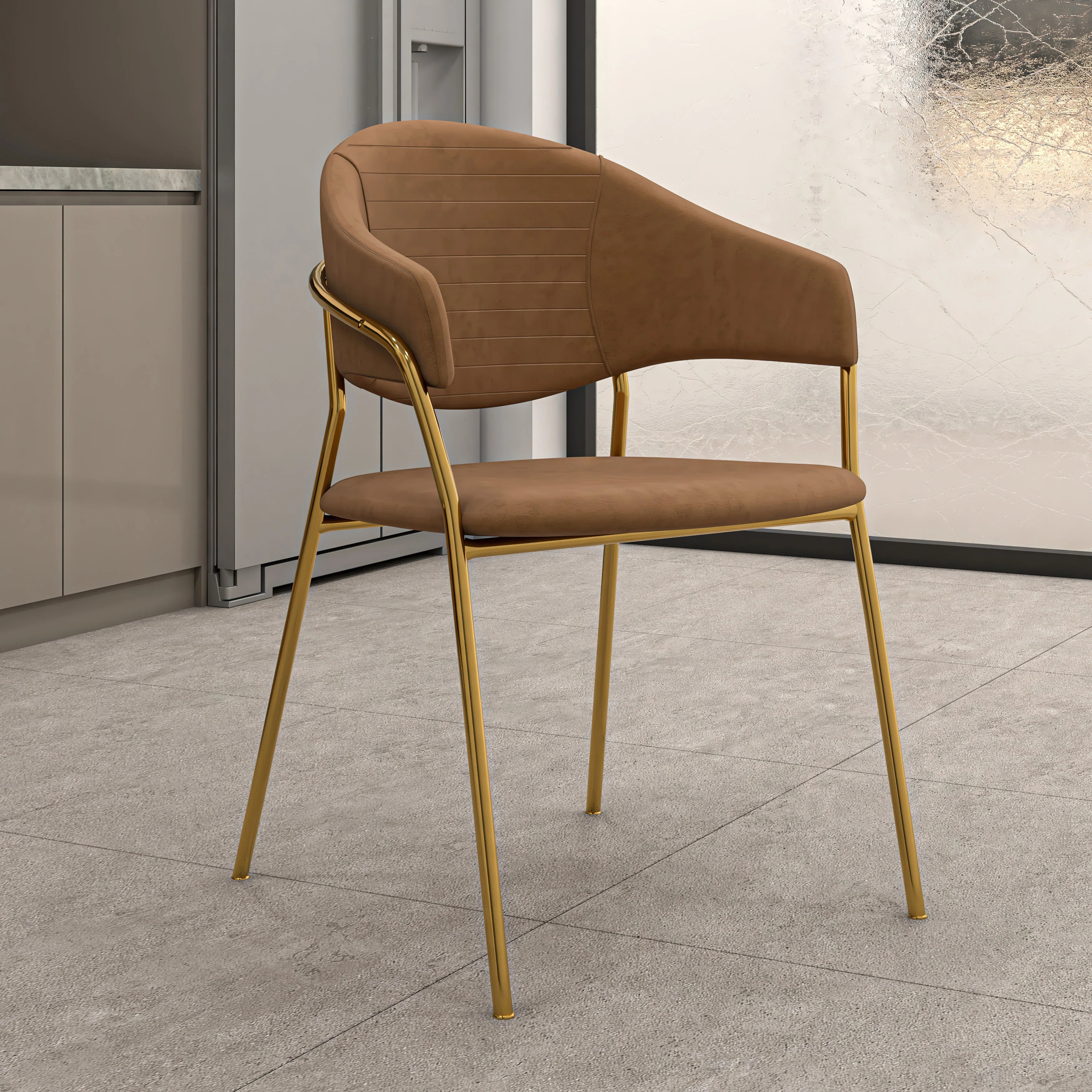 Kaler Upholstered Dining Chair – Leather or Velvet Seat, Gold Stainless Steel Legs, Ergonomic C... | Wayfair North America