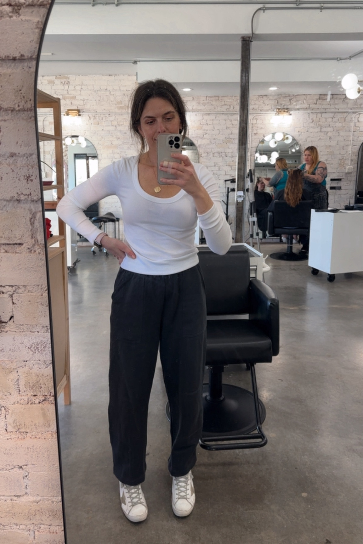 Barrel leg sweatpants for the win. TTS. Currently on sale! White long sleeve. Mom chic. Casual chic. Weekend outfit. Fall outfit. Winter outfit. Neutral outfit. Mom outfit. Comfy. Cozy style. 

#LTKFindsUnder50 #LTKStyleTip #LTKSaleAlert