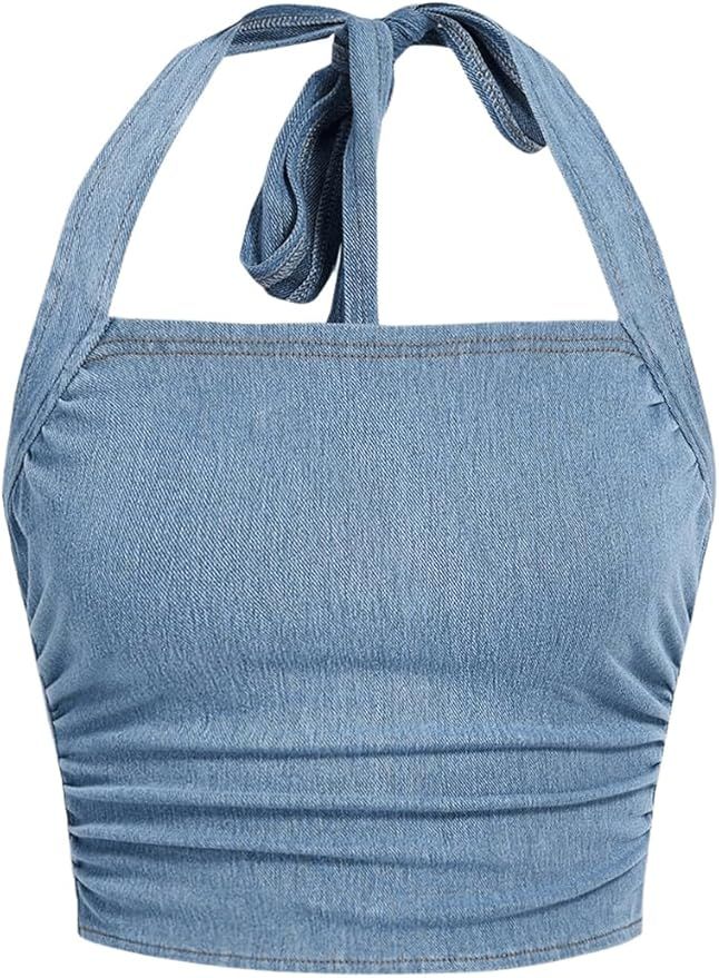 Floerns Women's Denim Ruched Sleeveless Tie Neck Backless Cropped Halter Tops | Amazon (US)