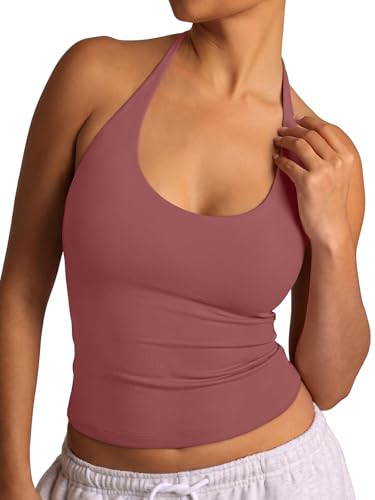 REORIA Women's Halter Tank Tops Basic Tie Scoop Neck Backless Double Lined Going Out Outfits Cute Summer Trendy Sleeveless Shirts Rust | Amazon (US)