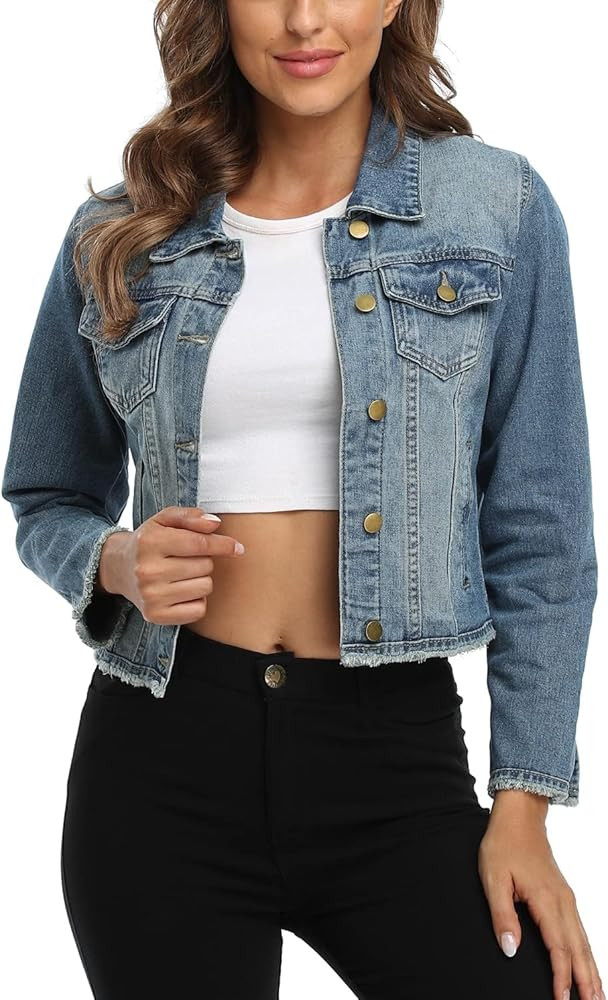 Jean Jacket Women\u2019s Frayed Washed Button Up Cropped Denim Jacket w 2 Side Pockets | Amazon (US)