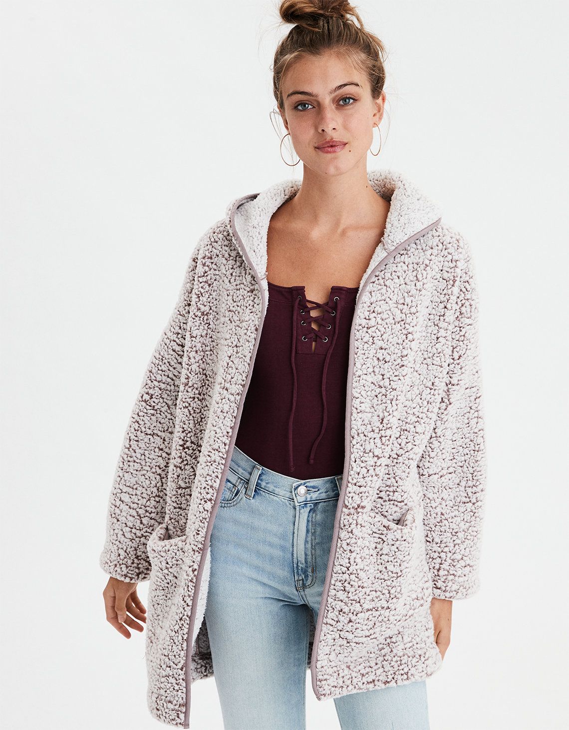 AE Fuzzy Teddy Sherpa Cardigan, Mauve | American Eagle Outfitters (US & CA)