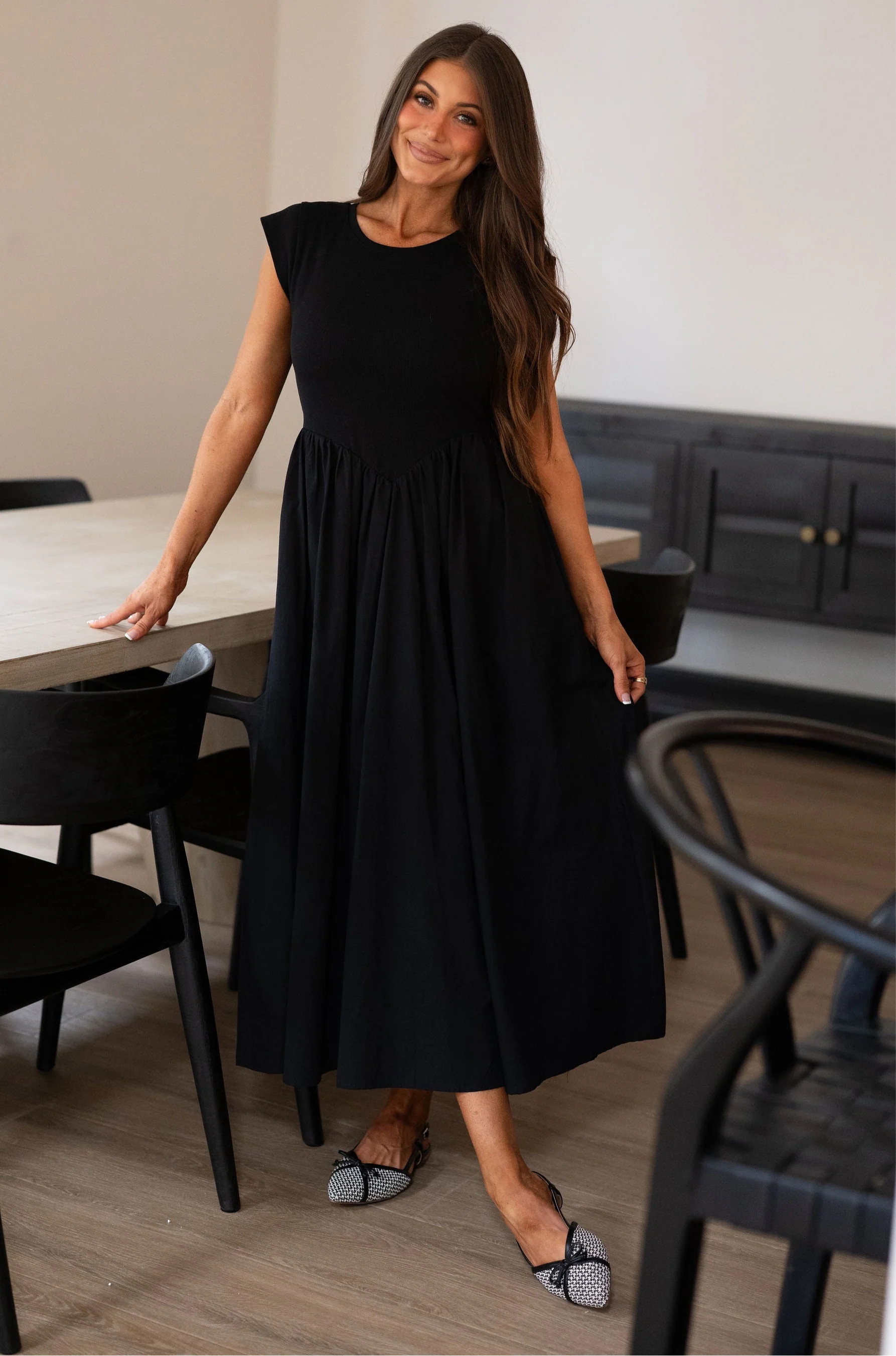 Contrasted Drop Waist Midi Dress-Black | These Three