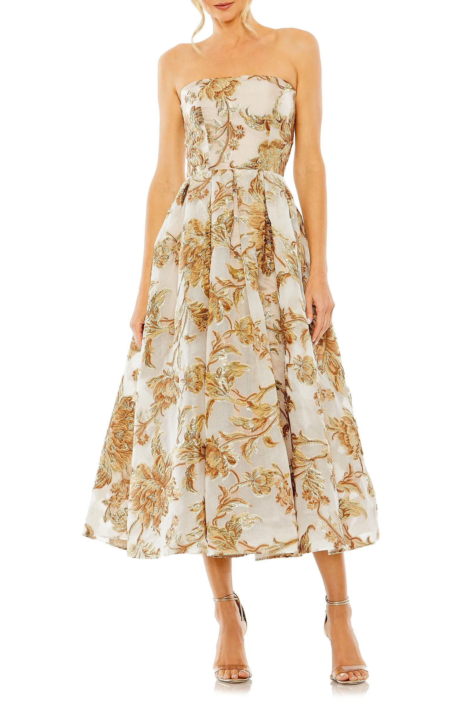 Metallic Floral Brocade Strapless Cocktail Midi Dress | Nordstrom