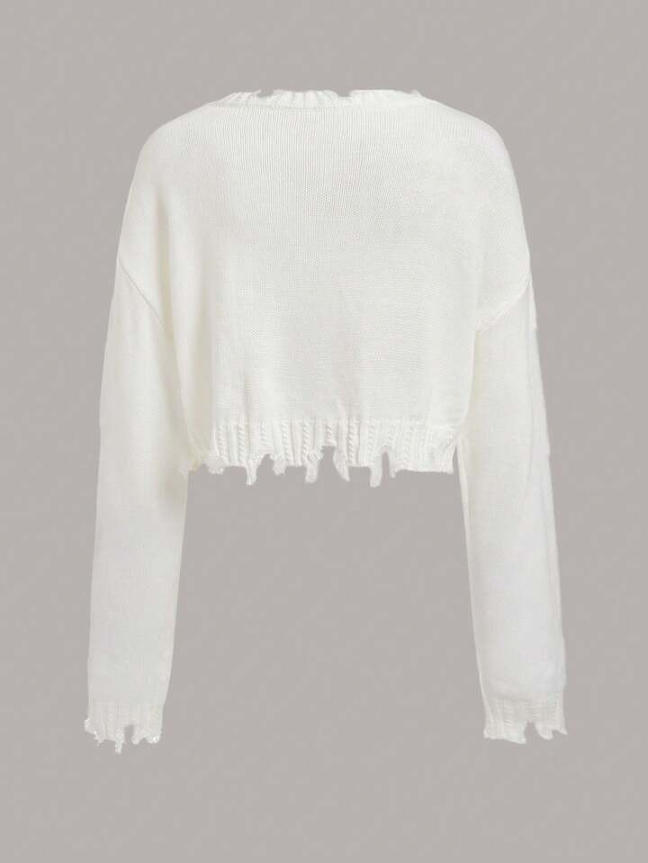 SHEIN EZwear Women's New Daily Casual V-Neck Ripped And Drop Shoulder Short White Sweater, New For Early Autumn,Back To School,Long Sleeve Tops | SHEIN