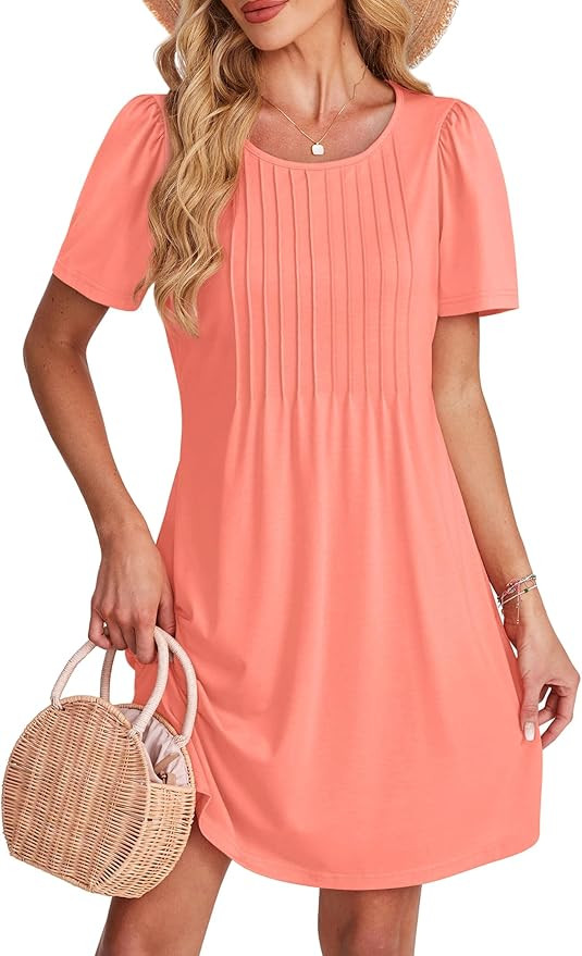 SAMPEEL Womens Pleated Front Summer Dresses Casual Short Sleeve T Shirts Dress with Pockets Vacat... | Amazon (US)