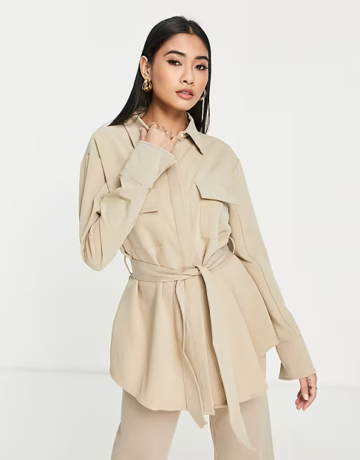 Pretty Lavish belted shacket in beige - part of a set | ASOS | ASOS (Global)