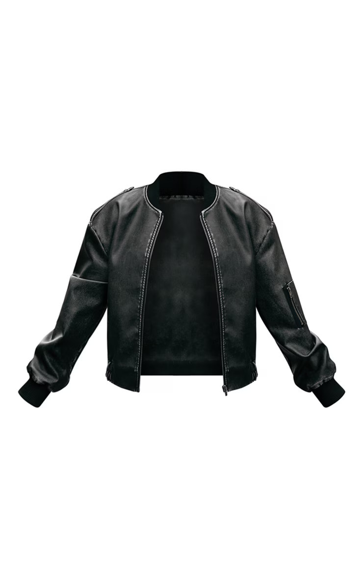 Washed Black Faux Leather Distressed Zip Detail Bomber Jacket | PrettyLittleThing US